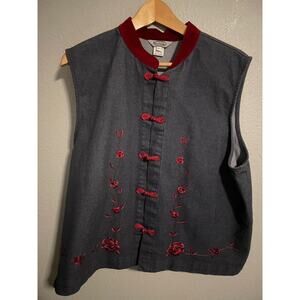 Vintage Stonebridge Vest Womens XL Denim Red Mandarin Floral Embroidered Artsy